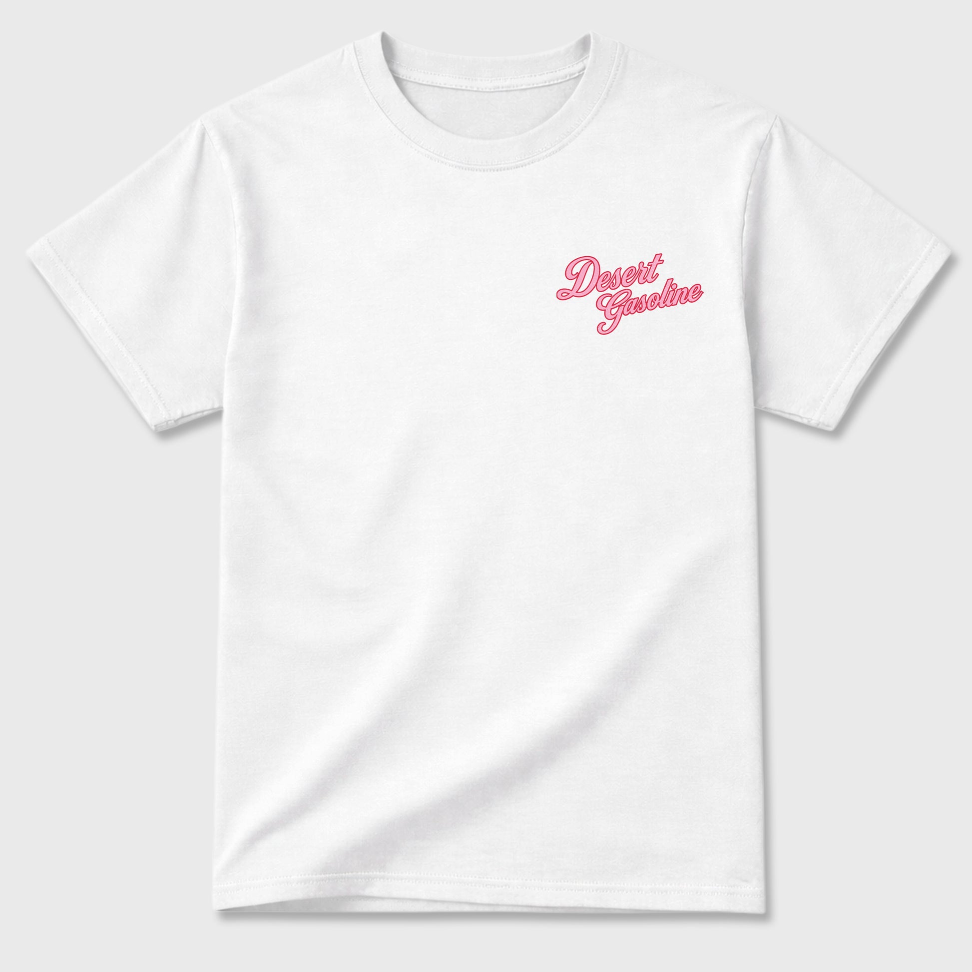 Desert Gasoline double side graphic tee styled to complete your fit with the AJ1 Low Travis Scott Tropical Pink shown in White.
