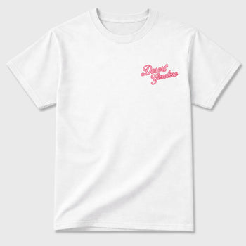 Desert Gasoline double side graphic tee styled to complete your fit with the AJ1 Low Travis Scott Tropical Pink shown in White.