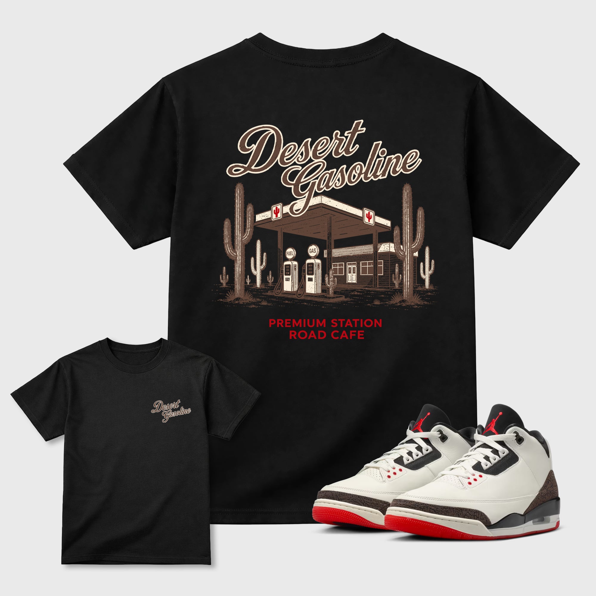 Desert Gasoline double side graphic tee styled to complete your fit with the Air Jordan 3 World's Best Dad sneakers, shown in Black.