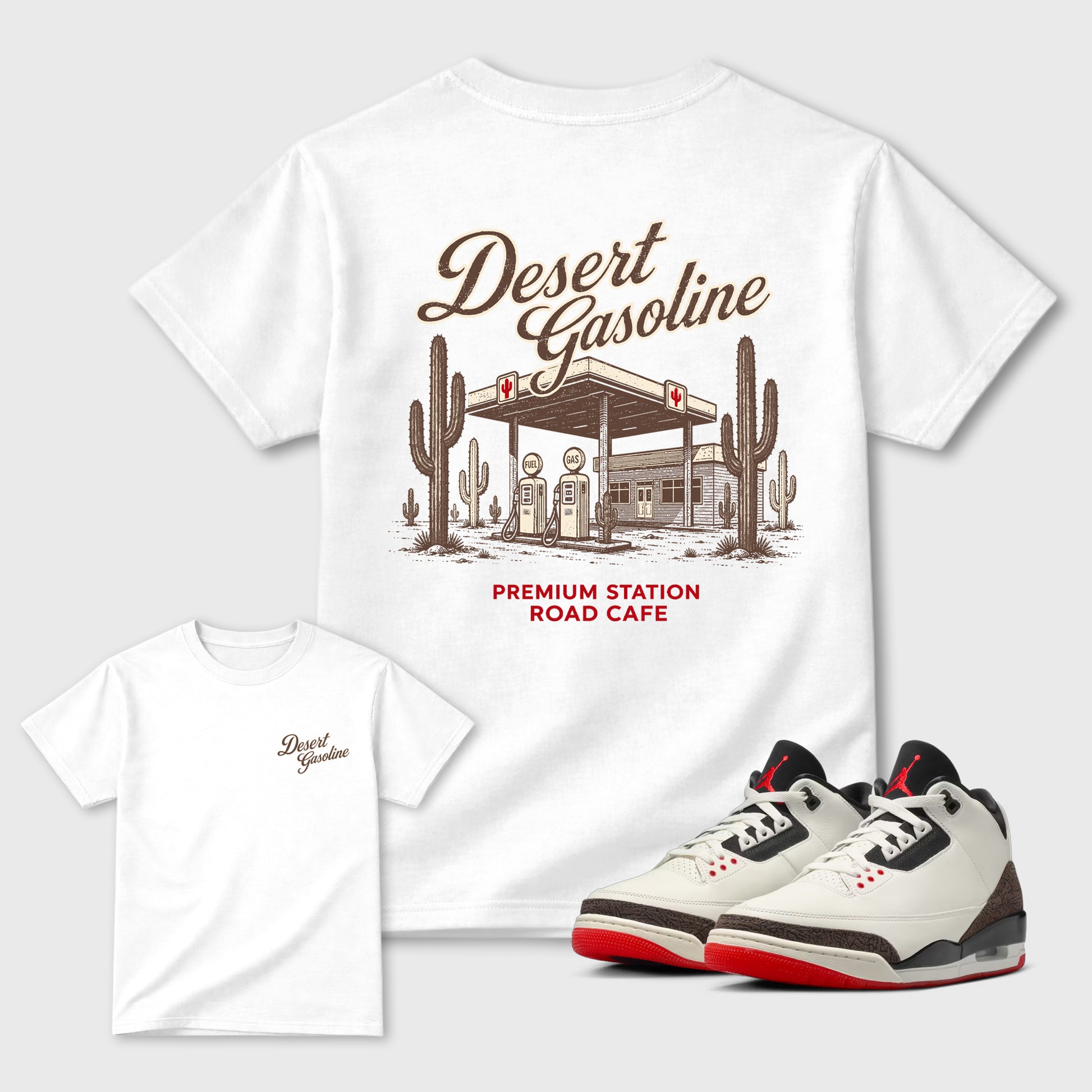 Desert Gasoline double side graphic tee styled to complete your fit with the AJ3 World's Best Dad, shown in White.