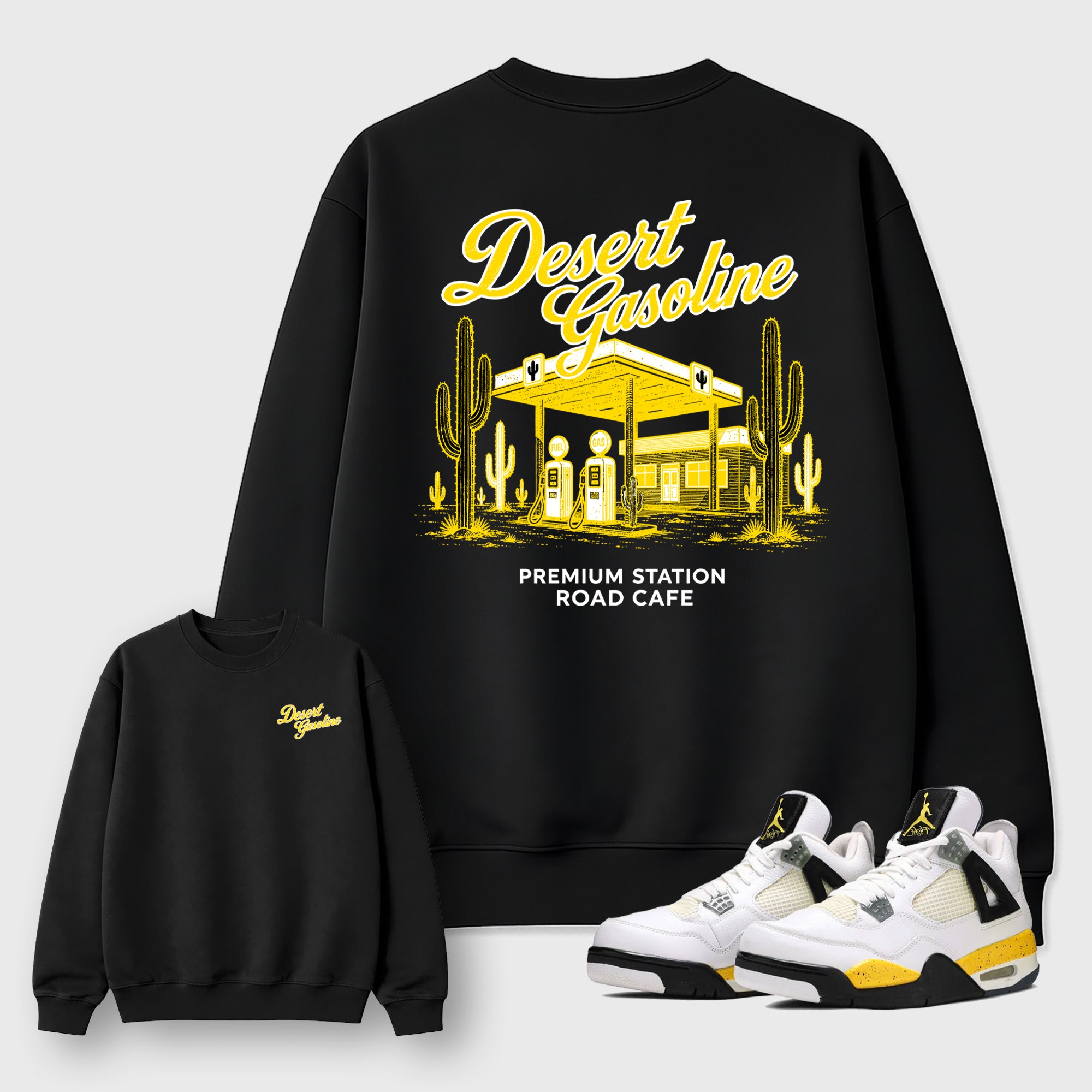 Desert Gasoline Graphic T-Shirt featuring original streetwear artwork designed to match the . Black Graphic Tee.