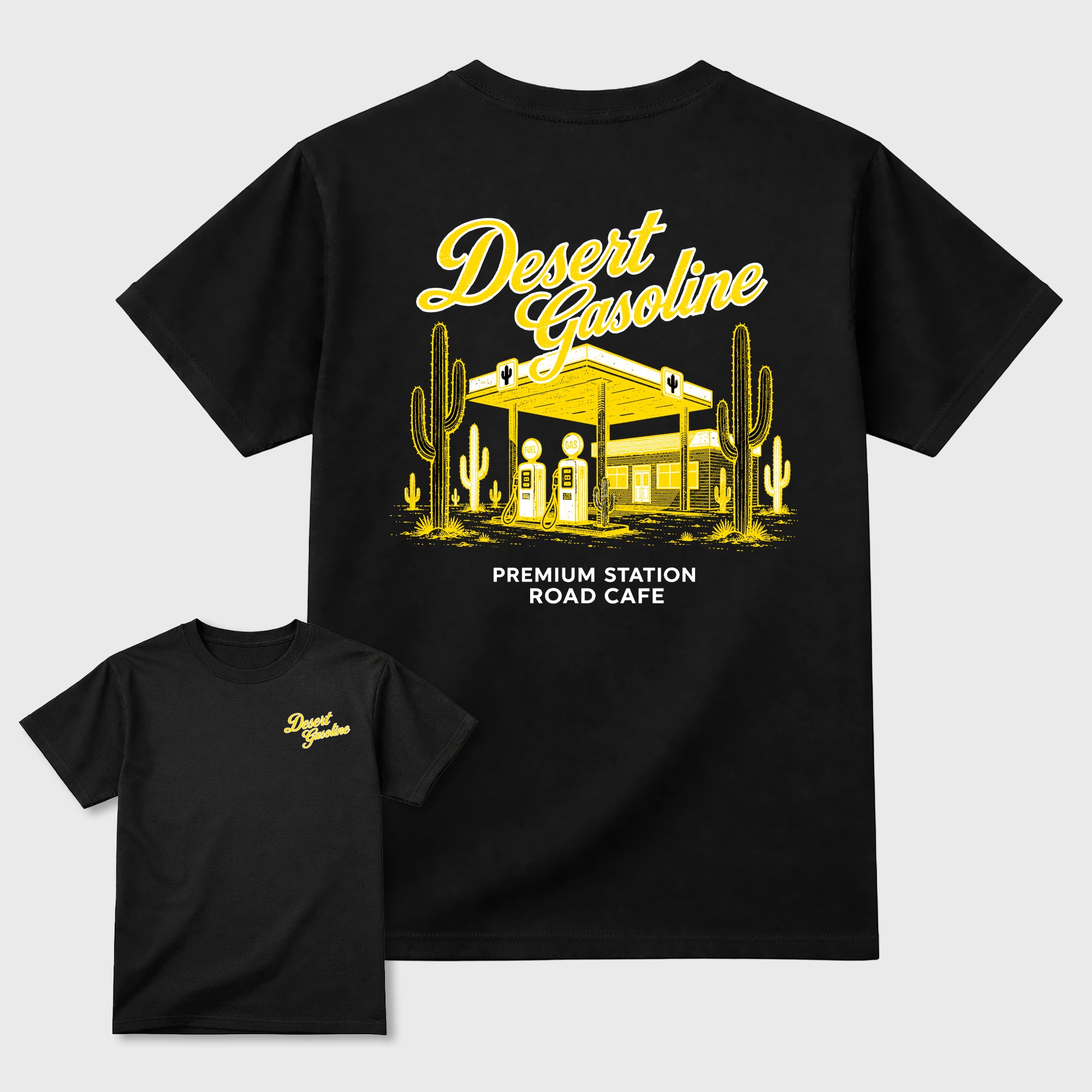 Desert Gasoline Graphic T-Shirt featuring original streetwear artwork designed to match the Air Jordan 4 Tour Yellow. Black Graphic T-Shirt.