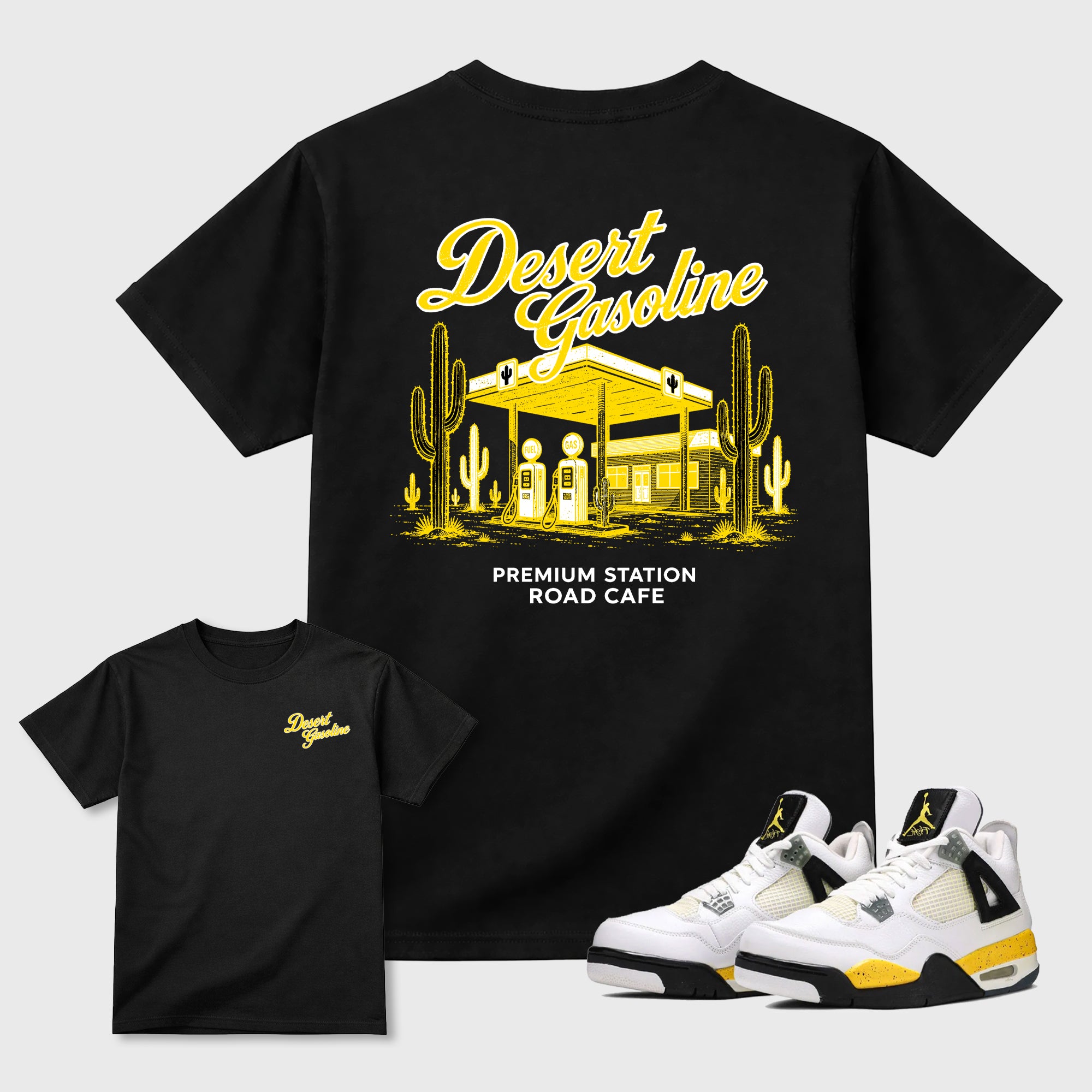 Desert Gasoline Graphic T-Shirt featuring original streetwear artwork designed to match the . Black Graphic T-Shirt.