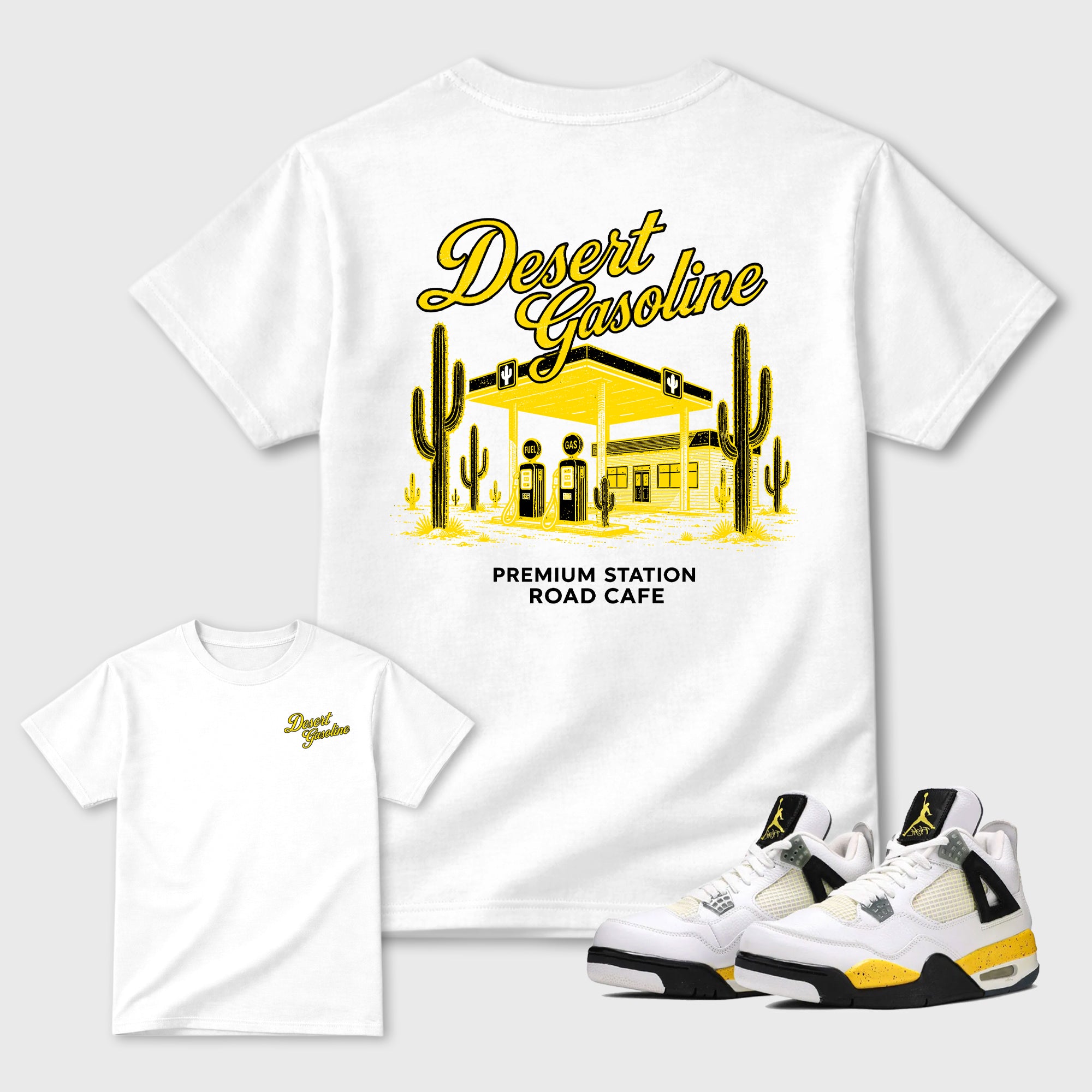 Desert Gasoline Graphic T-Shirt featuring original streetwear artwork designed to match the . White Graphic T-Shirt.