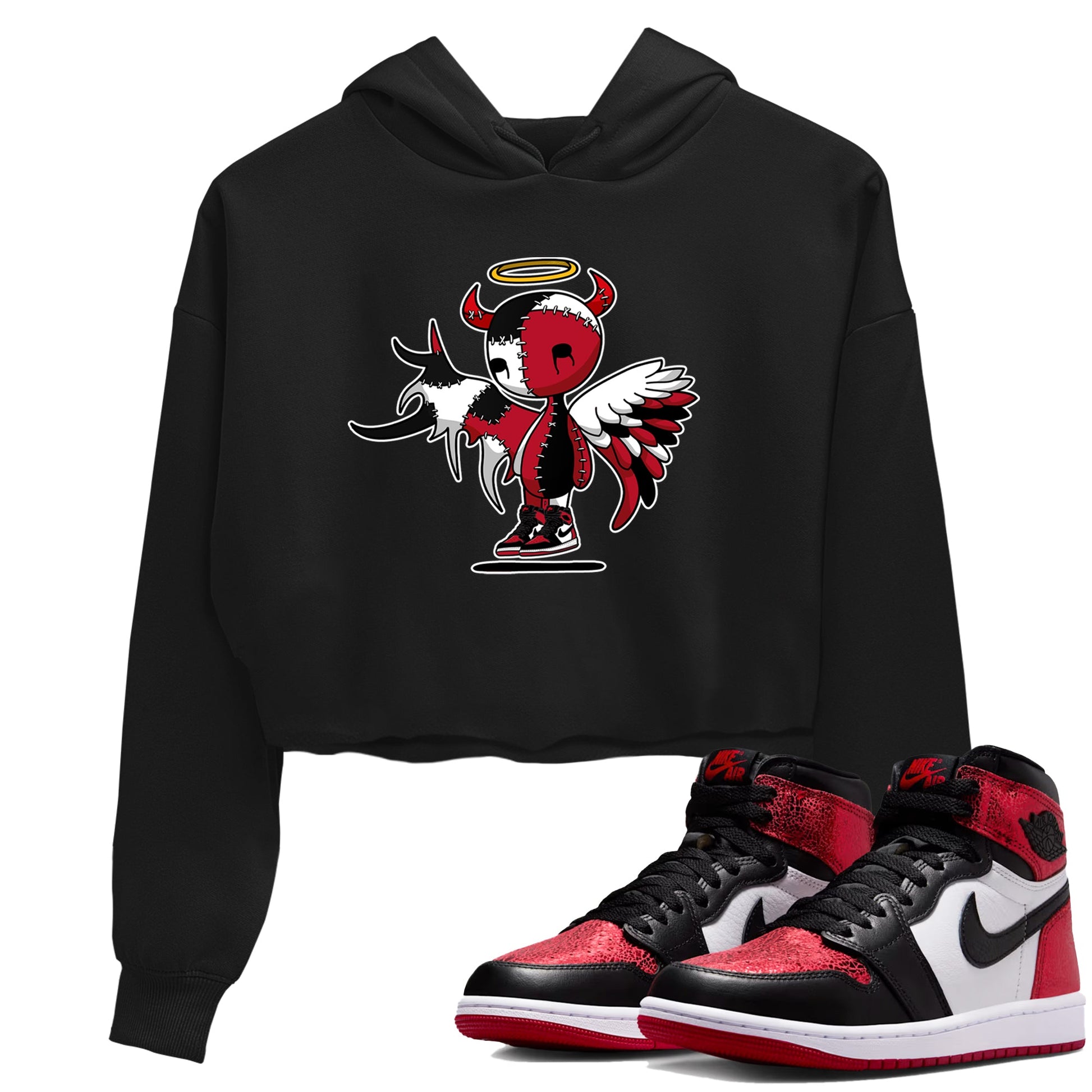 Devil Angel womens crop tee made to vibe with the Air Jordan 1 Ruby sneakers — the perfect match in Black 1.