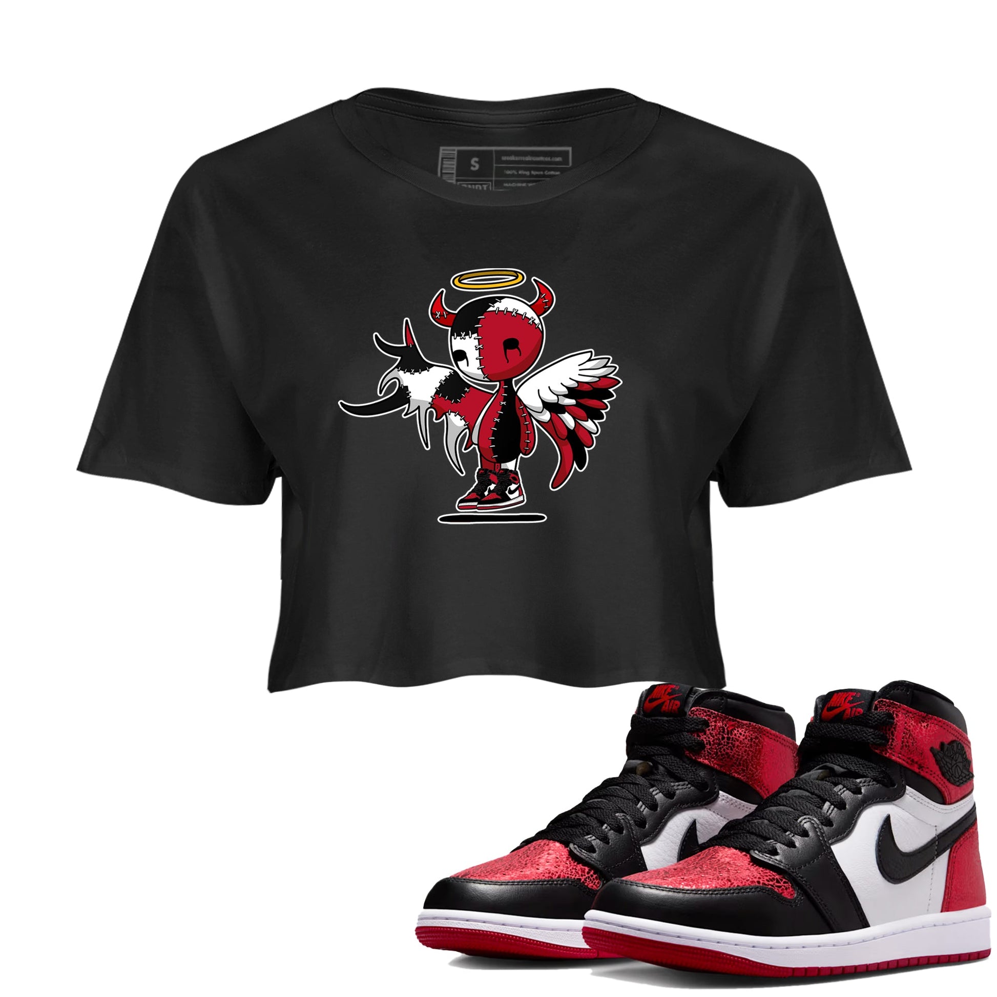 Devil Angel womens crop tee made to vibe with the Air Jordan 1 Ruby sneakers — the perfect match in Black 1.