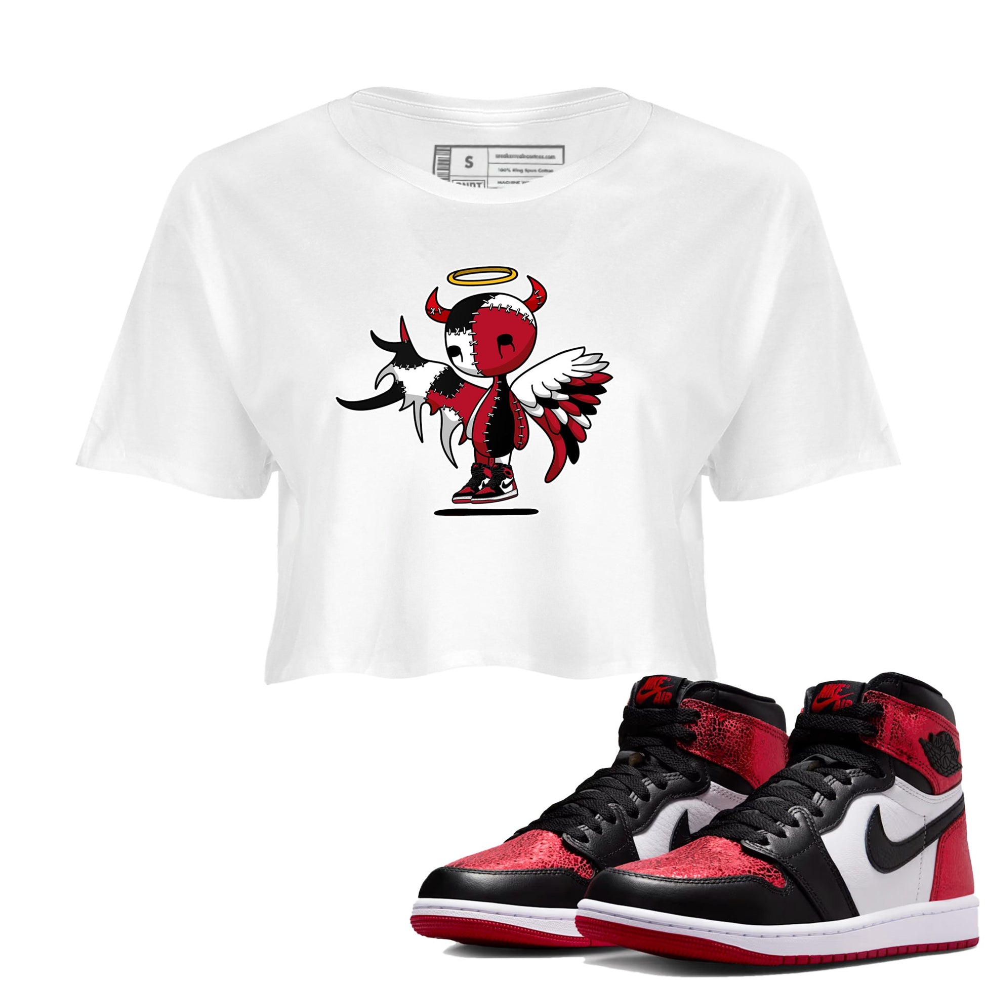 Devil Angel womens crop tee made to vibe with the Air Jordan 1 Ruby sneakers — the perfect match in White 1.