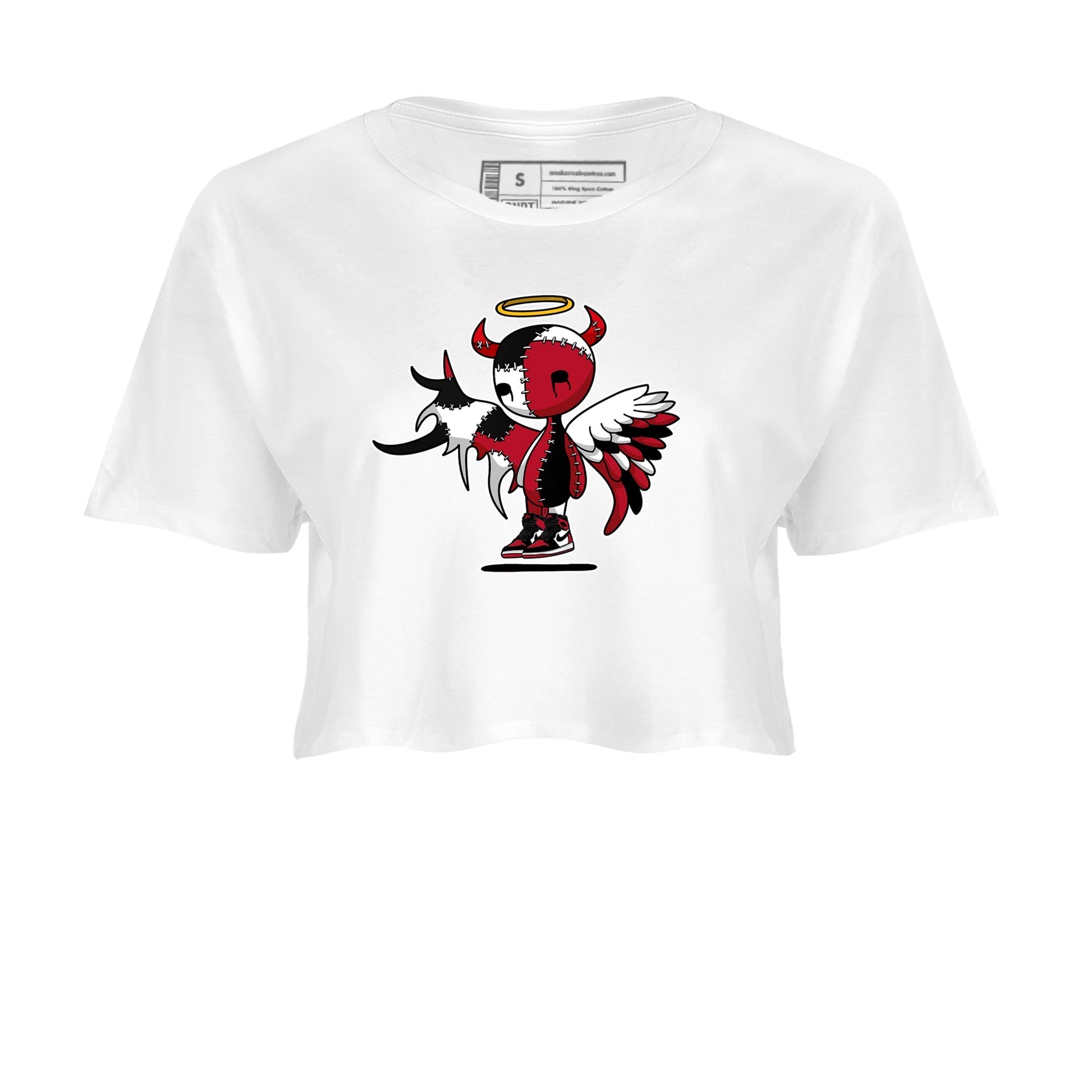 Devil Angel womens crop tee made to vibe with the Air Jordan 1 Ruby sneakers — the perfect match in White 2.