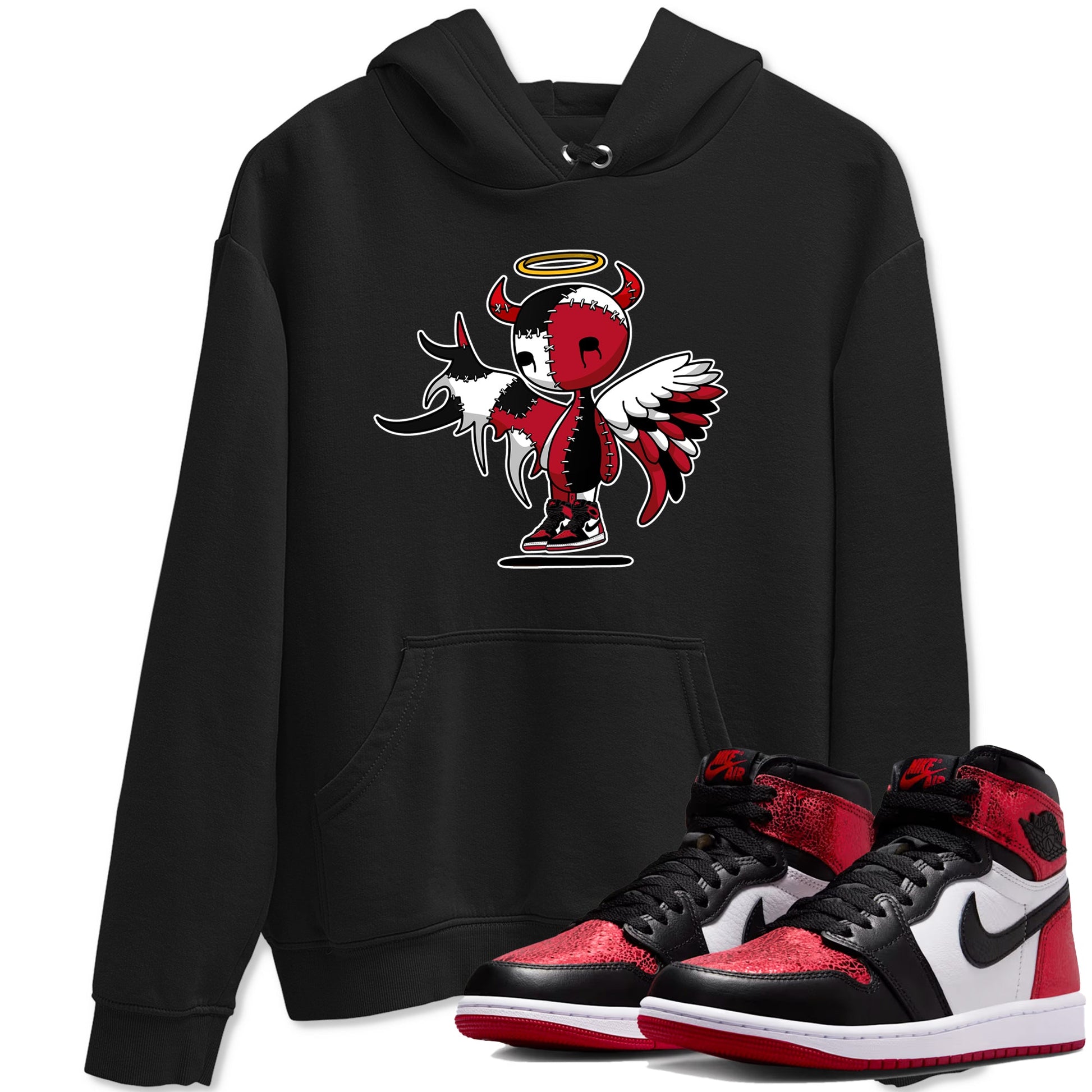 Devil Angel sneaker match t-shirt styled to complete your fit with the Air Jordan 1 Ruby sneakers, shown in Black 1.