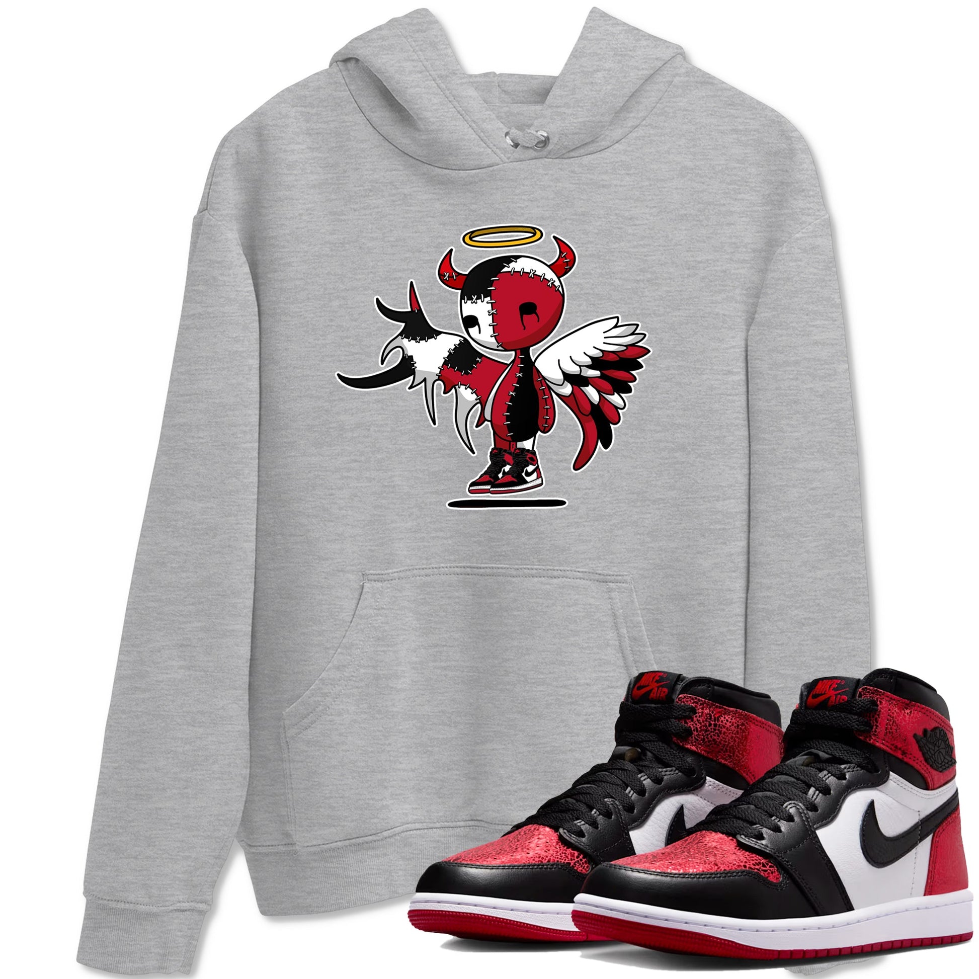 Devil Angel sneaker match t-shirt styled to complete your fit with the Air Jordan 1 Ruby sneakers, shown in Heather Grey 1.