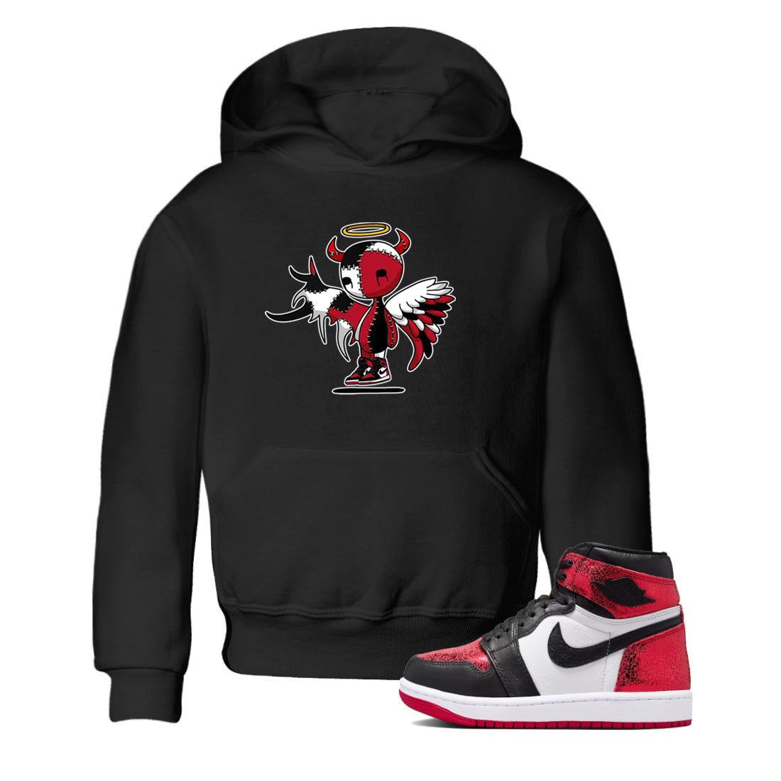 Devil Angel baby and kids t-shirt crafted for little sneakerheads to shine with the Air Jordan 1 Ruby sneakers, displayed in Black 1.
