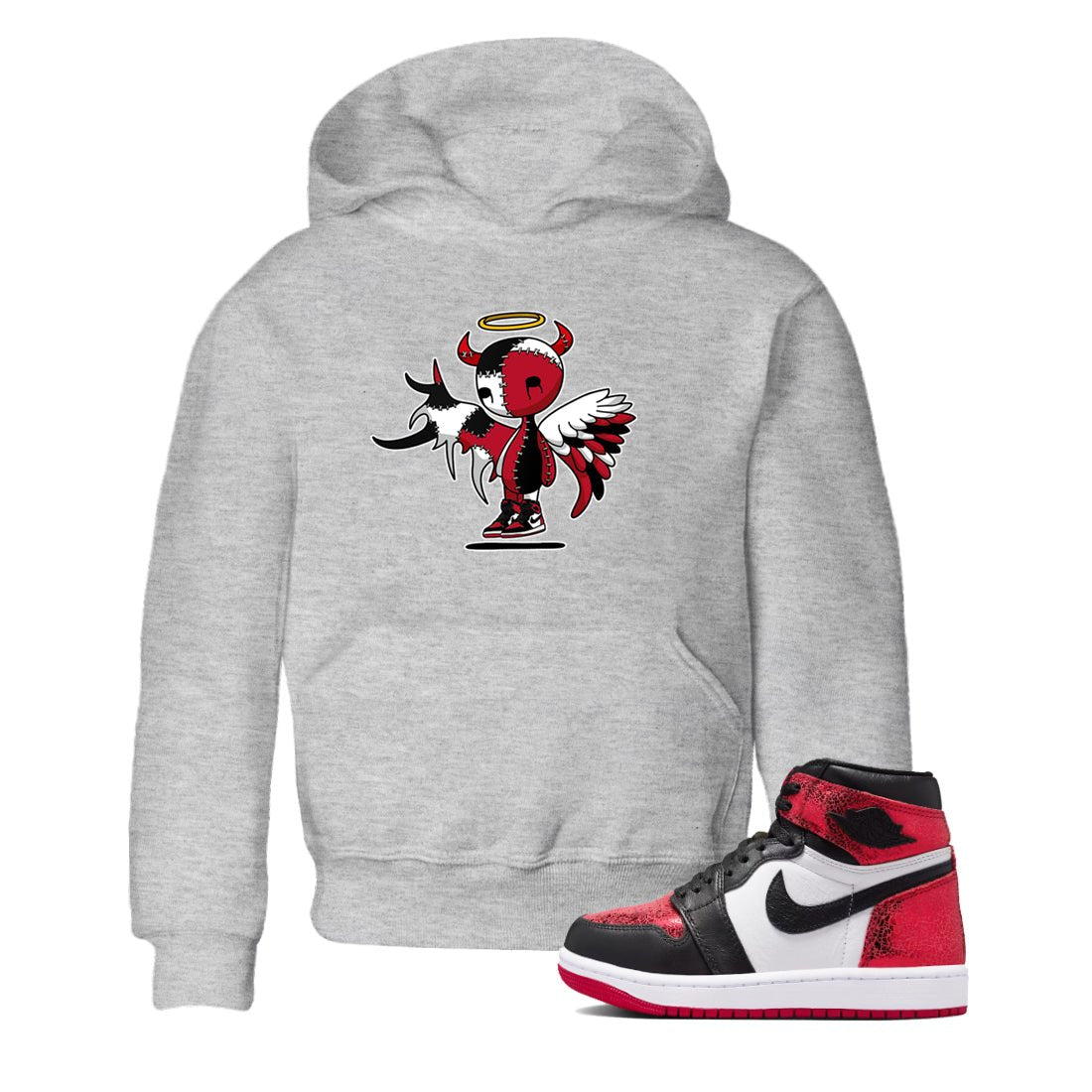 Devil Angel baby and kids t-shirt crafted for little sneakerheads to shine with the Air Jordan 1 Ruby sneakers, displayed in Heather Grey 1.