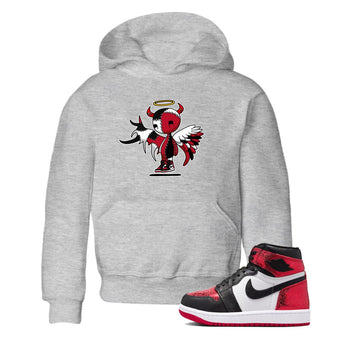 Devil Angel baby and kids t-shirt crafted for little sneakerheads to shine with the Air Jordan 1 Ruby sneakers, displayed in Heather Grey 1.