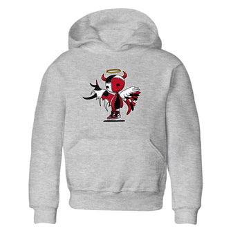Devil Angel baby and kids t-shirt crafted for little sneakerheads to shine with the Air Jordan 1 Ruby sneakers, displayed in Heather Grey 2.