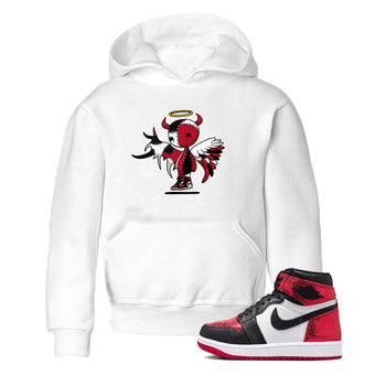 Devil Angel baby and kids t-shirt crafted for little sneakerheads to shine with the Air Jordan 1 Ruby sneakers, displayed in White 1.