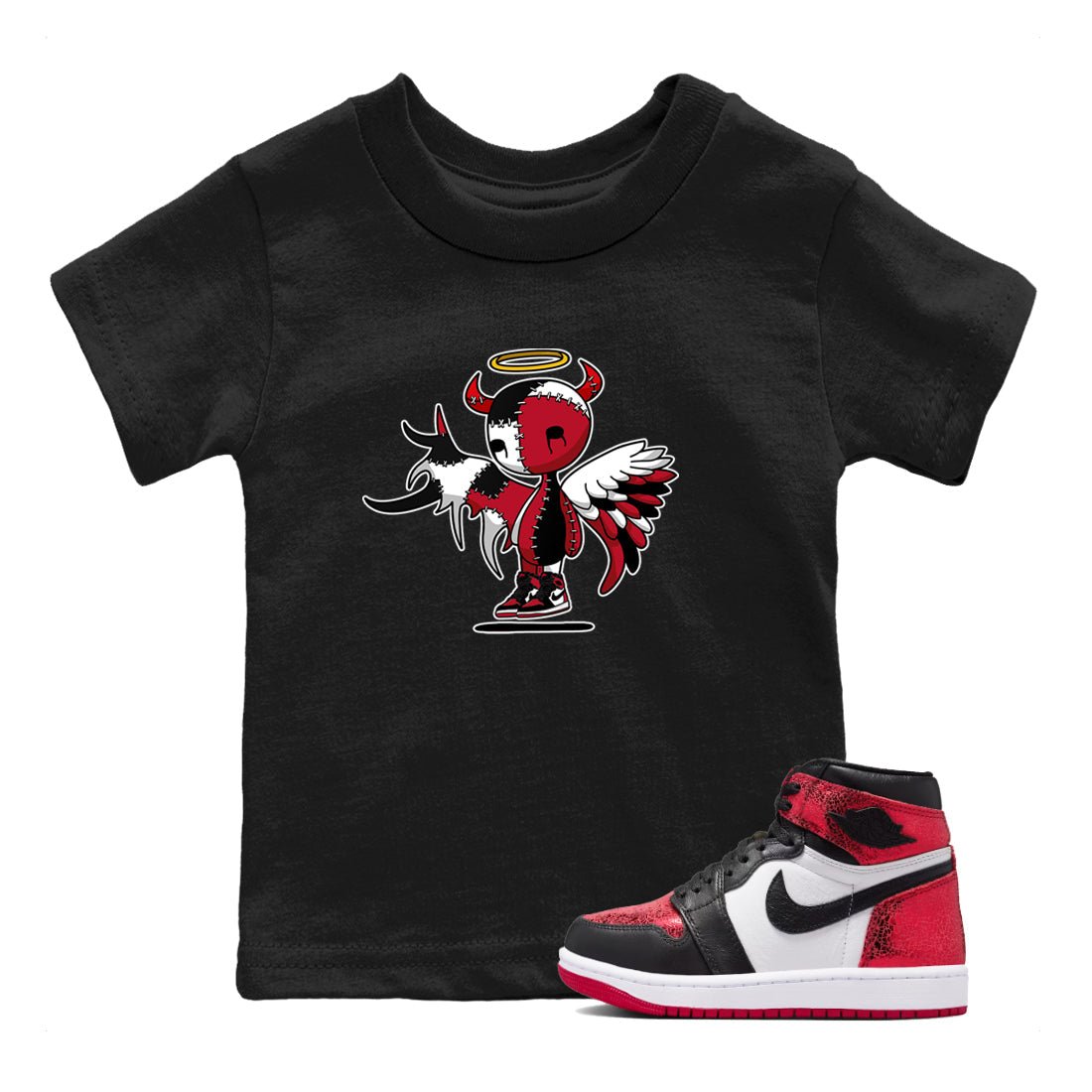 Devil Angel baby and kids t-shirt crafted for little sneakerheads to shine with the Air Jordan 1 Ruby sneakers, displayed in Black 1.