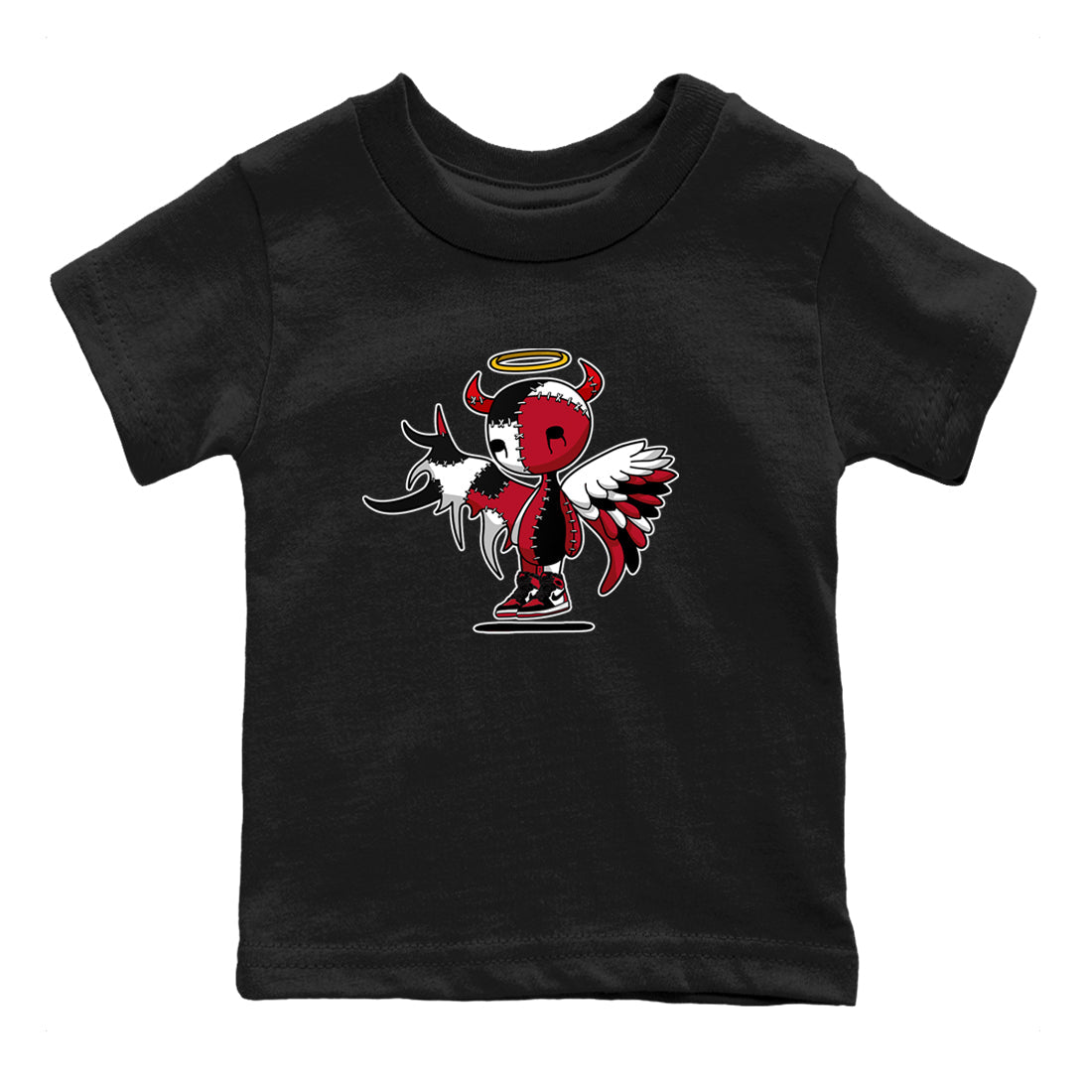 Devil Angel baby and kids t-shirt crafted for little sneakerheads to shine with the Air Jordan 1 Ruby sneakers, displayed in Black 2.