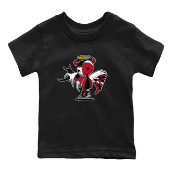 Devil Angel baby and kids t-shirt crafted for little sneakerheads to shine with the Air Jordan 1 Ruby sneakers, displayed in Black 2.
