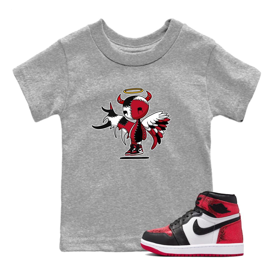 Devil Angel baby and kids t-shirt crafted for little sneakerheads to shine with the Air Jordan 1 Ruby sneakers, displayed in Heather Grey 1.