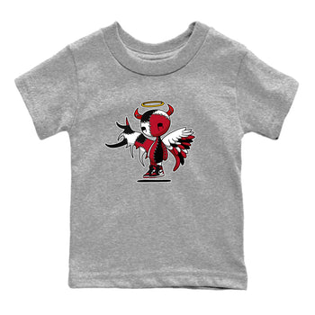 Devil Angel baby and kids t-shirt crafted for little sneakerheads to shine with the Air Jordan 1 Ruby sneakers, displayed in Heather Grey 2.