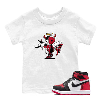 Devil Angel baby and kids t-shirt crafted for little sneakerheads to shine with the Air Jordan 1 Ruby sneakers, displayed in White 1.