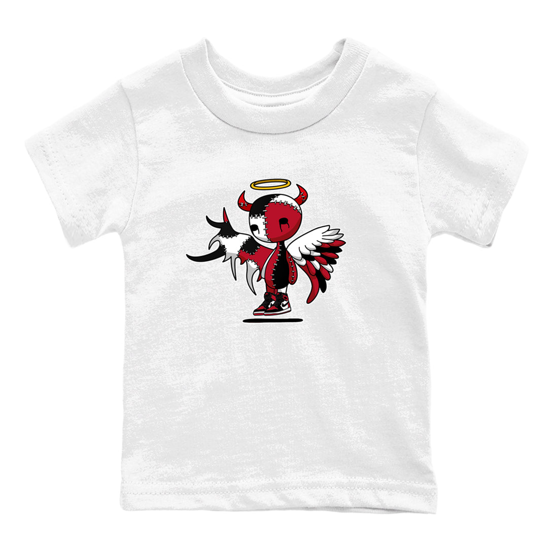 Devil Angel baby and kids t-shirt crafted for little sneakerheads to shine with the Air Jordan 1 Ruby sneakers, displayed in White 2.