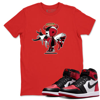 Devil Angel sneaker match t-shirt styled to complete your fit with the Air Jordan 1 Ruby sneakers, shown in Red 1.