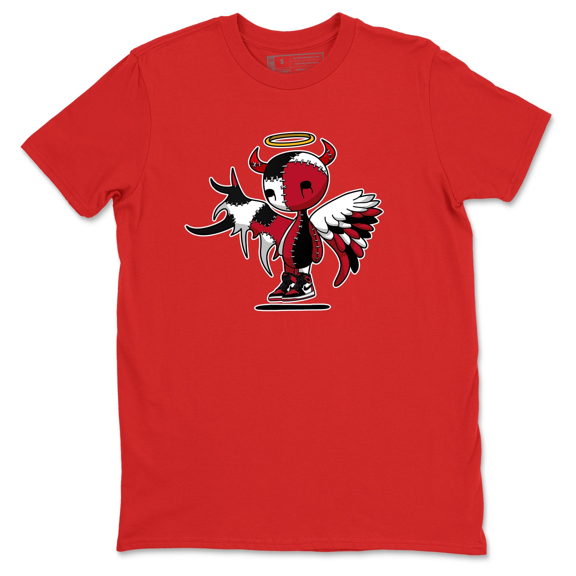 Devil Angel sneaker match t-shirt styled to complete your fit with the Air Jordan 1 Ruby sneakers, shown in Red 2.