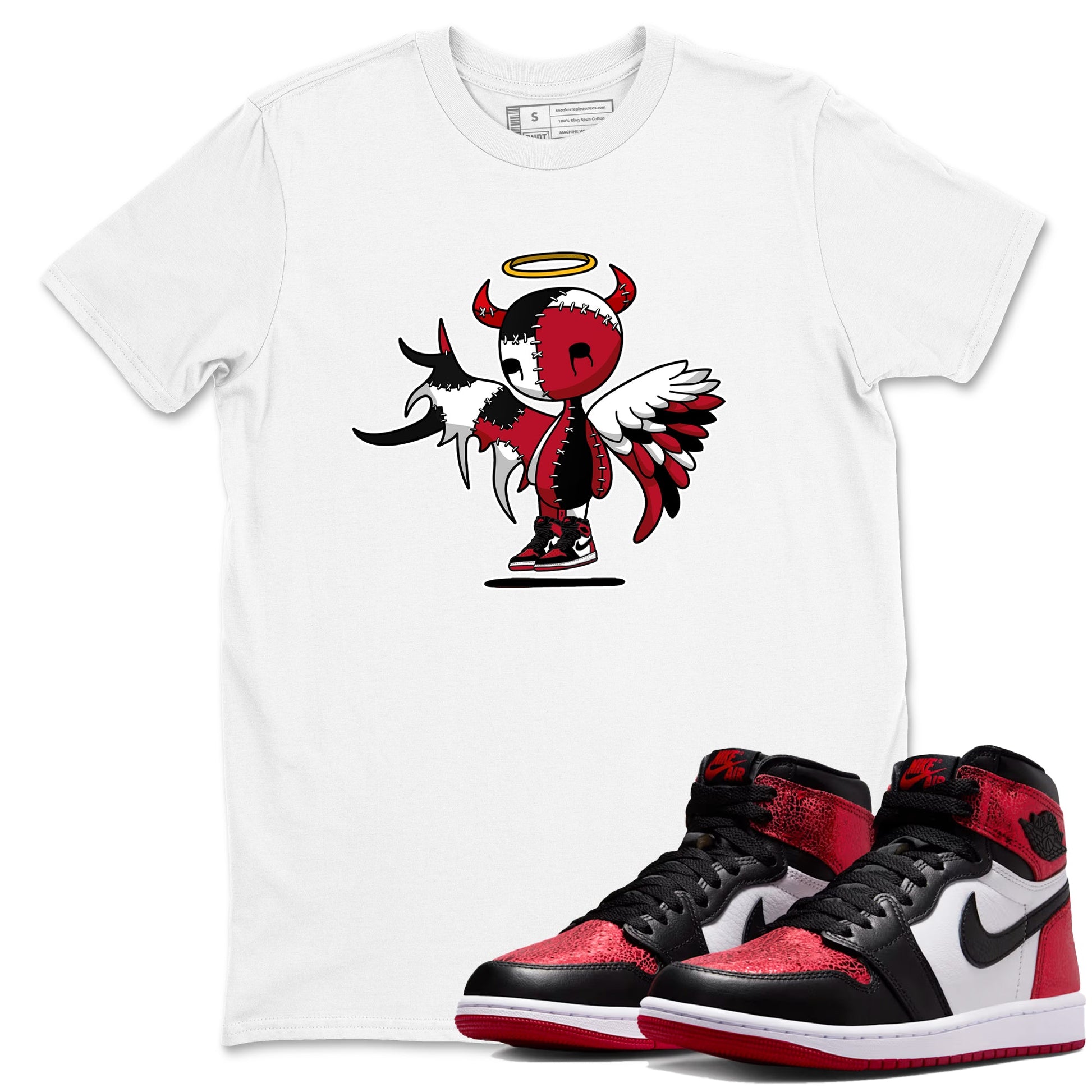 Devil Angel sneaker match t-shirt styled to complete your fit with the Air Jordan 1 Ruby sneakers, shown in White 1.