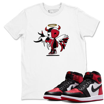 Devil Angel sneaker match t-shirt styled to complete your fit with the Air Jordan 1 Ruby sneakers, shown in White 1.