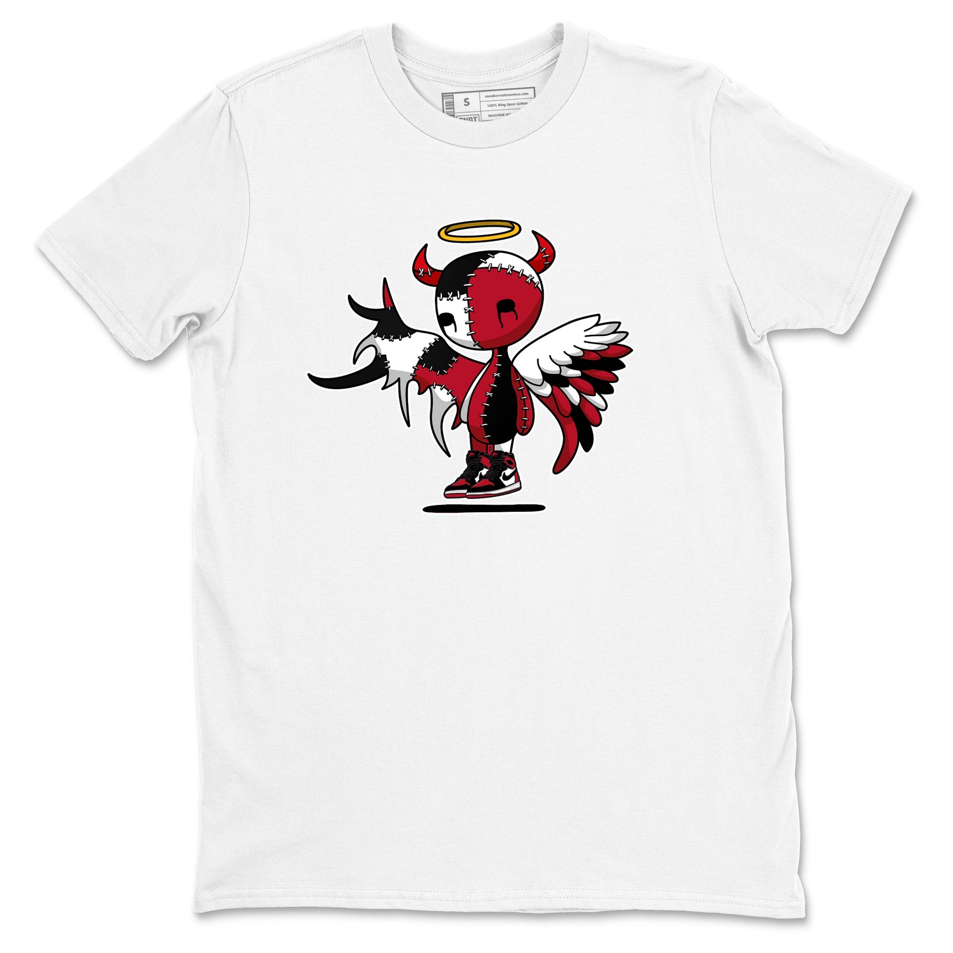 Devil Angel sneaker match t-shirt styled to complete your fit with the Air Jordan 1 Ruby sneakers, shown in White 2.