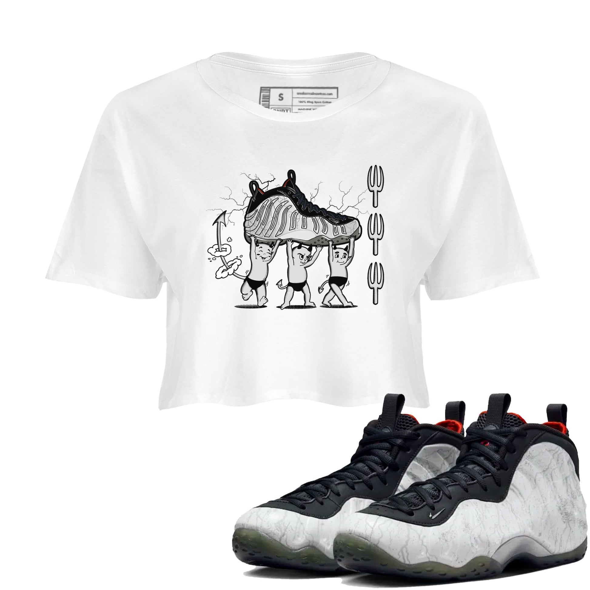 Foams One Jin shirts to match jordans Devil Babies sneaker match tees Air Foamposite One Jin match shoes to clothes SNRT Sneaker Tees unisex cotton White 1 crop tee