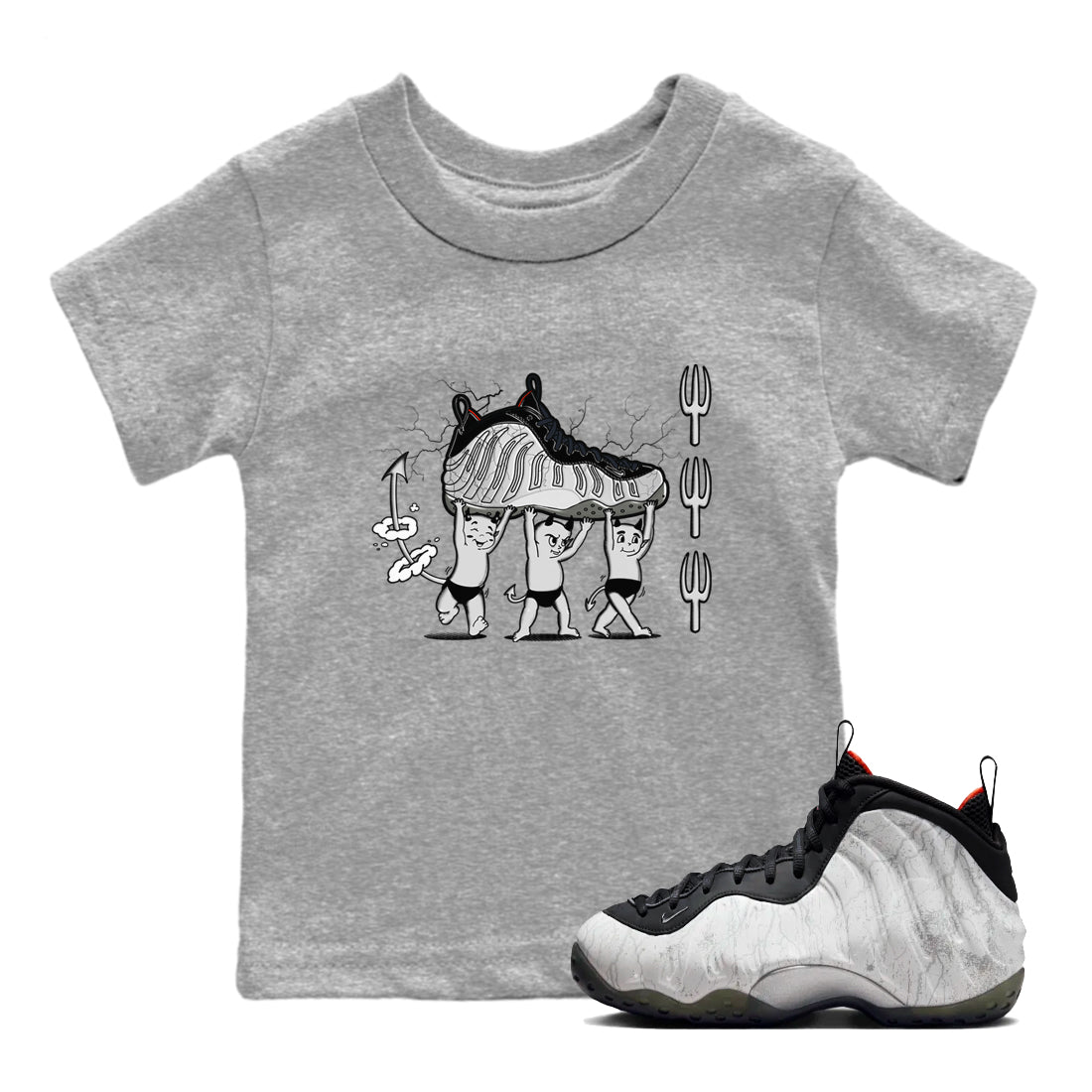 Foams One Jin shirts to match jordans Devil Babies sneaker match tees Air Foamposite One Jin match shoes to clothes SNRT Sneaker Tees Youth Baby Heather Grey 1 tee