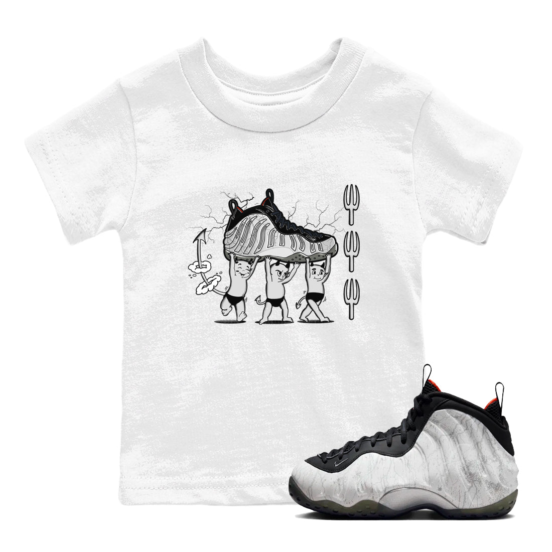 Foams One Jin shirts to match jordans Devil Babies sneaker match tees Air Foamposite One Jin match shoes to clothes SNRT Sneaker Tees Youth Baby White 1 tee