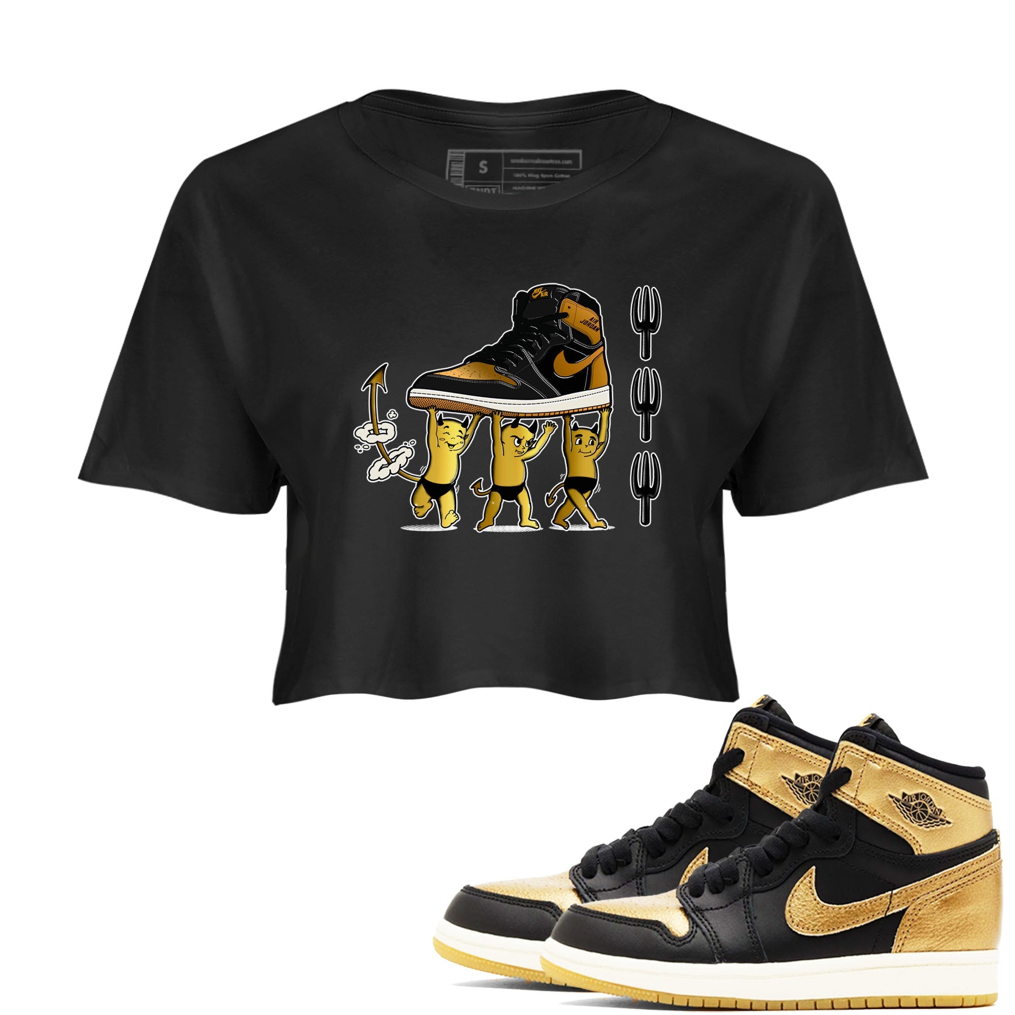 Air Jordan 1 High OG Black Metallic Gold shirts to match jordans Devil Babies sneaker match tees 1s Black Metallic Gold SNRT Sneaker Release Tees unisex cotton Black 1 Crop Shirts