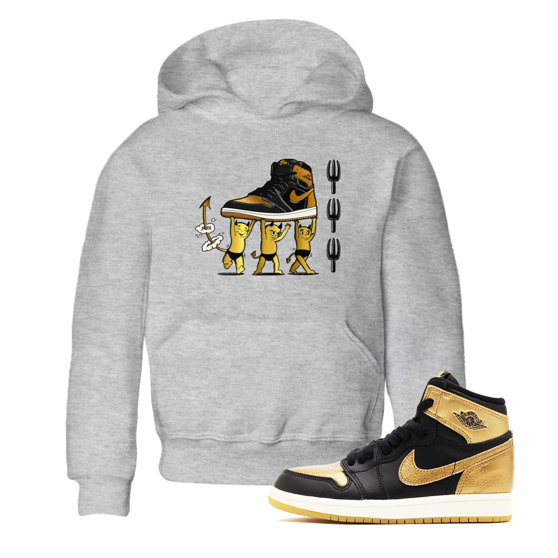 Air Jordan 1 High OG Black Metallic Gold shirts to match jordans Devil Babies sneaker match tees 1s Black Metallic Gold SNRT Sneaker Release Tees Youth Baby Heather Grey 1 crew neck shirts