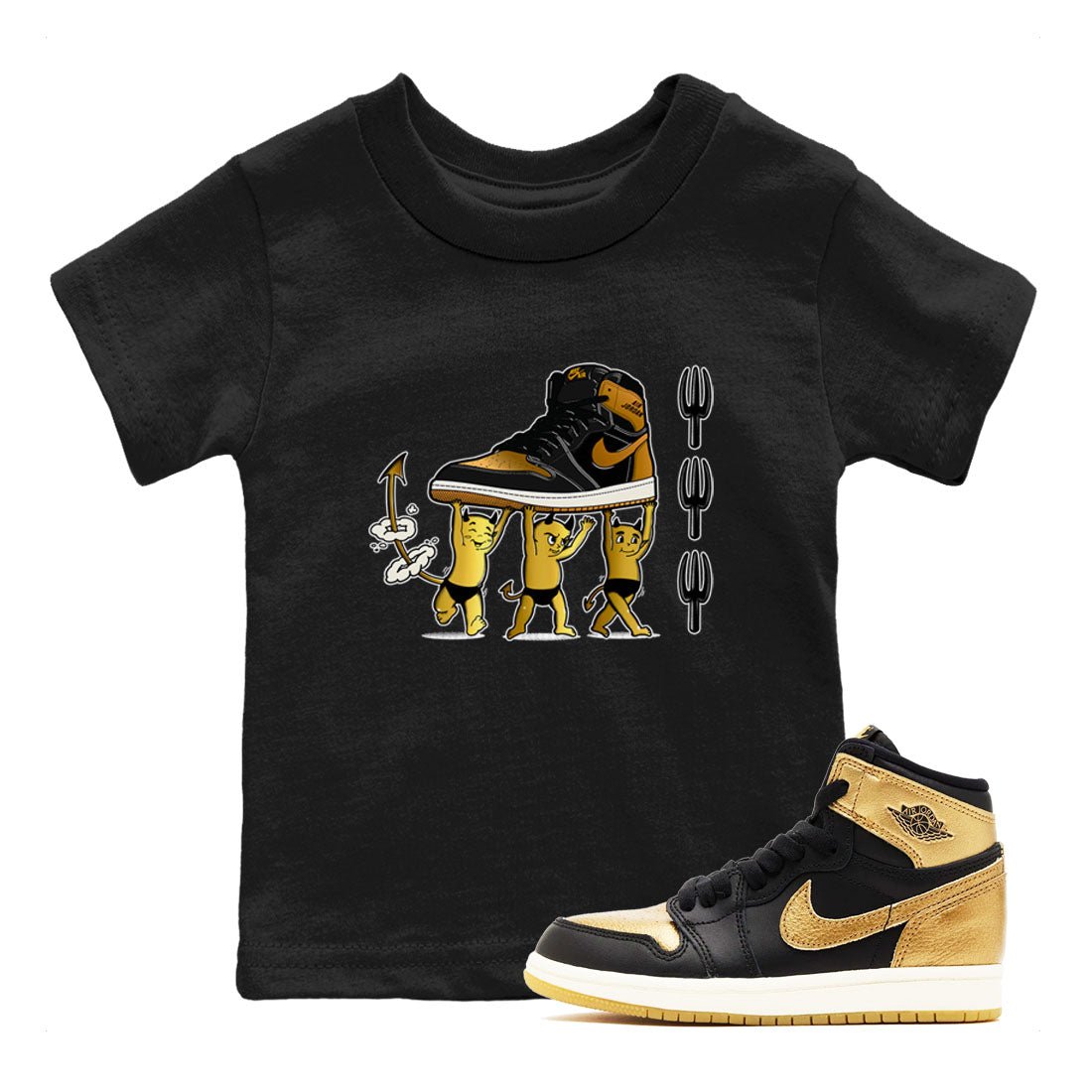 Air Jordan 1 High OG Black Metallic Gold shirts to match jordans Devil Babies sneaker match tees 1s Black Metallic Gold SNRT Sneaker Release Tees Youth Baby Black 1 crew neck shirts