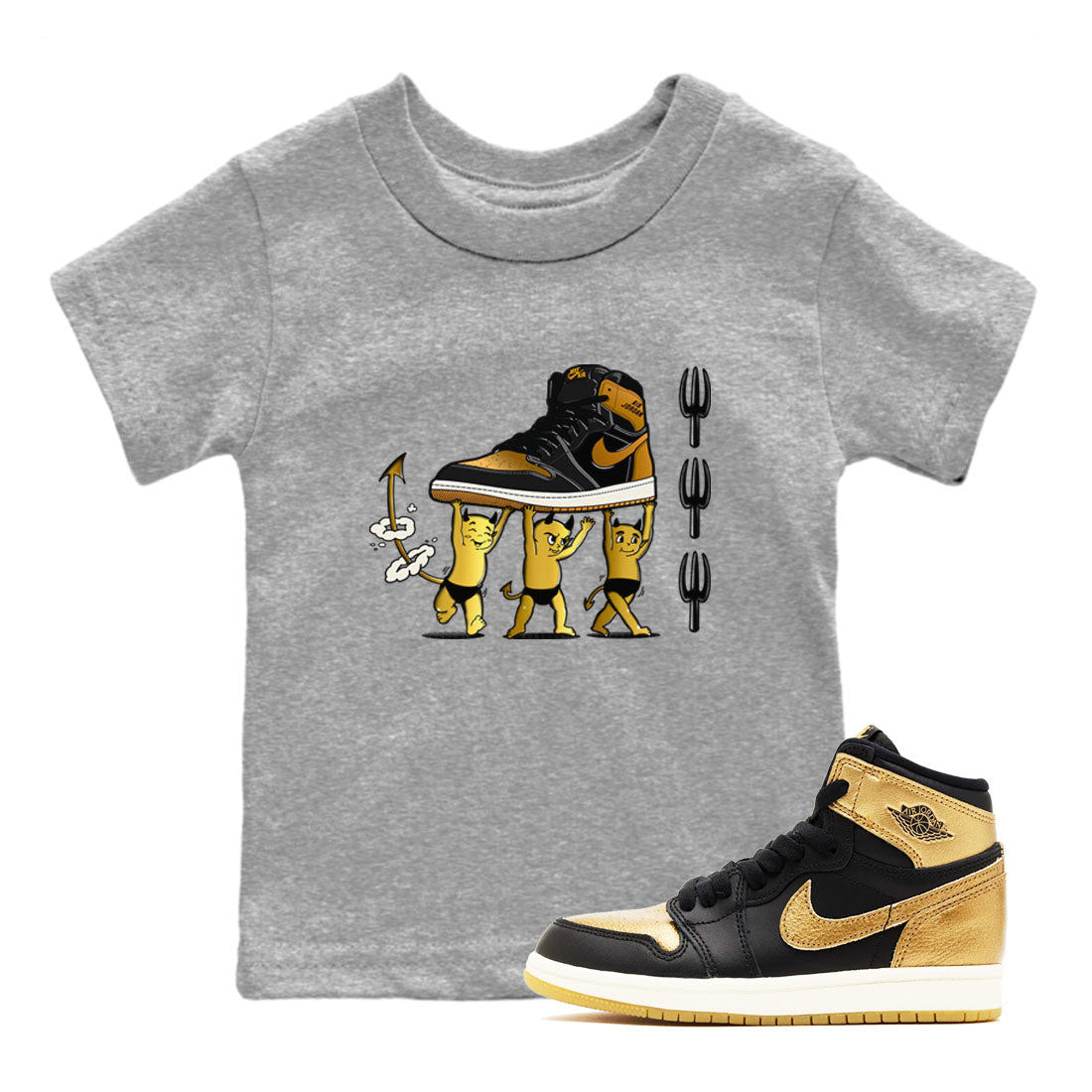 Air Jordan 1 High OG Black Metallic Gold shirts to match jordans Devil Babies sneaker match tees 1s Black Metallic Gold SNRT Sneaker Release Tees Youth Baby Heather Grey 1 crew neck shirts