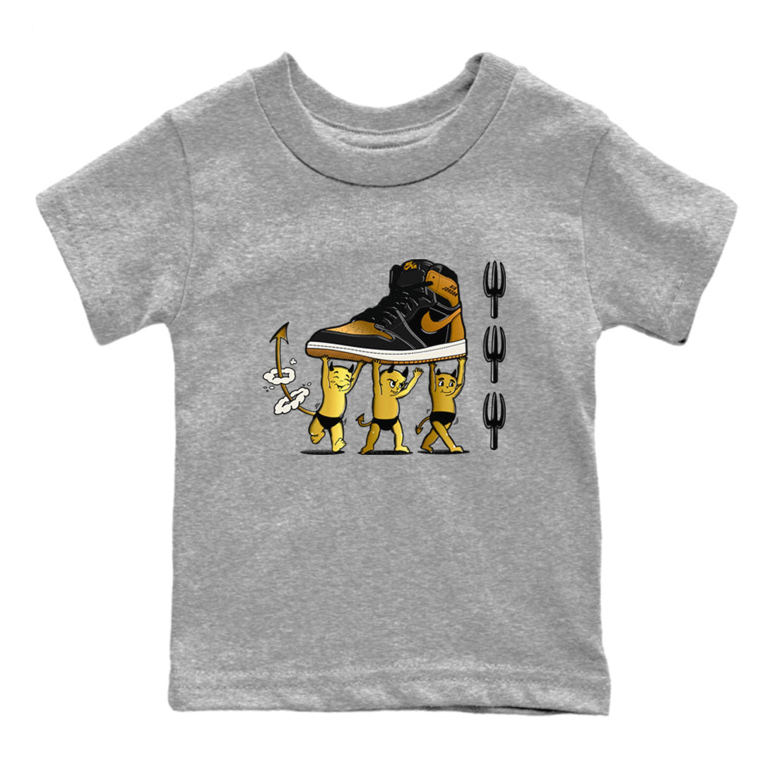 Air Jordan 1 High OG Black Metallic Gold shirts to match jordans Devil Babies sneaker match tees 1s Black Metallic Gold SNRT Sneaker Release Tees Youth Baby Heather Grey 2 crew neck shirts