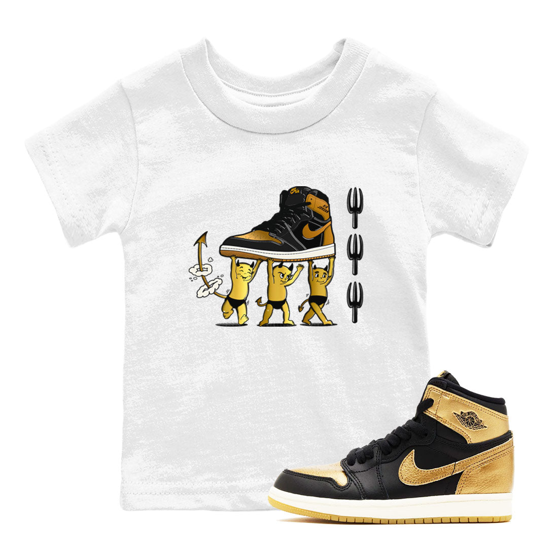 Air Jordan 1 High OG Black Metallic Gold shirts to match jordans Devil Babies sneaker match tees 1s Black Metallic Gold SNRT Sneaker Release Tees Youth Baby White 1 crew neck shirts
