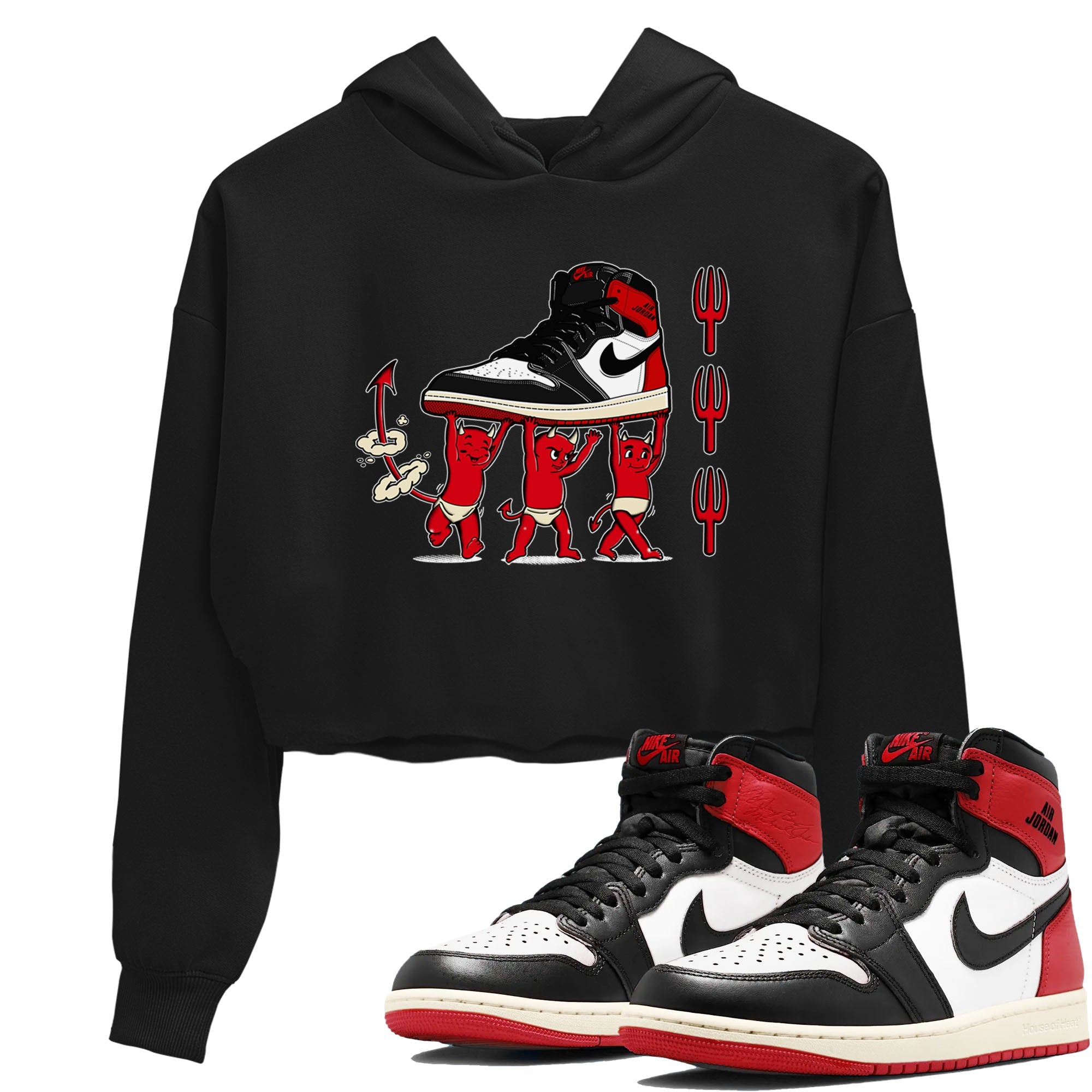 1s Black Toe Reimagined shirts to match jordans Devil Babies sneaker match tees Air Jordan 1 Black Toe Reimagined SNRT Sneaker Release Tees unisex cotton Black 1 Crop Shirts
