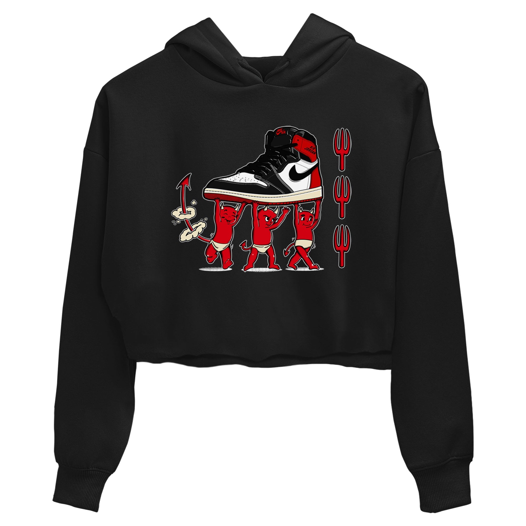 1s Black Toe Reimagined shirts to match jordans Devil Babies sneaker match tees Air Jordan 1 Black Toe Reimagined SNRT Sneaker Release Tees unisex cotton Black 2 Crop Shirts