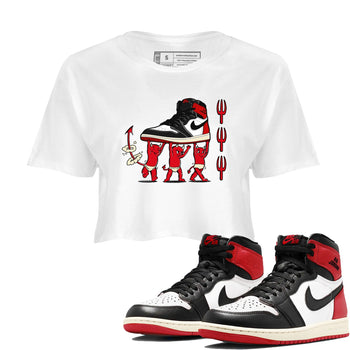 1s Black Toe Reimagined shirts to match jordans Devil Babies sneaker match tees Air Jordan 1 Black Toe Reimagined SNRT Sneaker Release Tees unisex cotton White 1 Crop Shirts