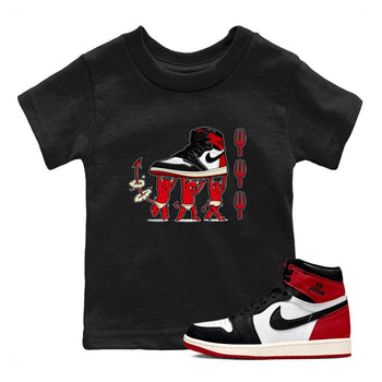 1s Black Toe Reimagined shirts to match jordans Devil Babies sneaker match tees Air Jordan 1 Black Toe Reimagined SNRT Sneaker Release Tees Youth Baby Black 1 crew neck shirts