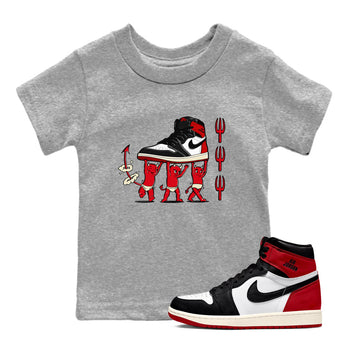 1s Black Toe Reimagined shirts to match jordans Devil Babies sneaker match tees Air Jordan 1 Black Toe Reimagined SNRT Sneaker Release Tees Youth Baby Heather Grey 1 crew neck shirts