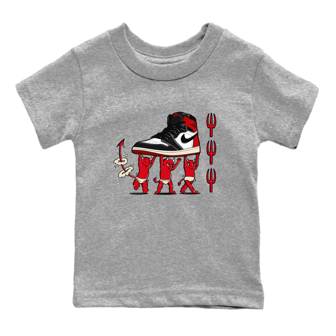 1s Black Toe Reimagined shirts to match jordans Devil Babies sneaker match tees Air Jordan 1 Black Toe Reimagined SNRT Sneaker Release Tees Youth Baby Heather Grey 2 crew neck shirts