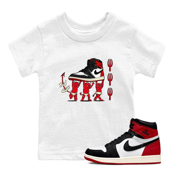 1s Black Toe Reimagined shirts to match jordans Devil Babies sneaker match tees Air Jordan 1 Black Toe Reimagined SNRT Sneaker Release Tees Youth Baby White 1 crew neck shirts