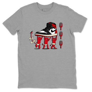 1s Black Toe Reimagined shirts to match jordans Devil Babies sneaker match tees Air Jordan 1 Black Toe Reimagined SNRT Sneaker Release Tees unisex cotton Heather Grey 2 crew neck shirts