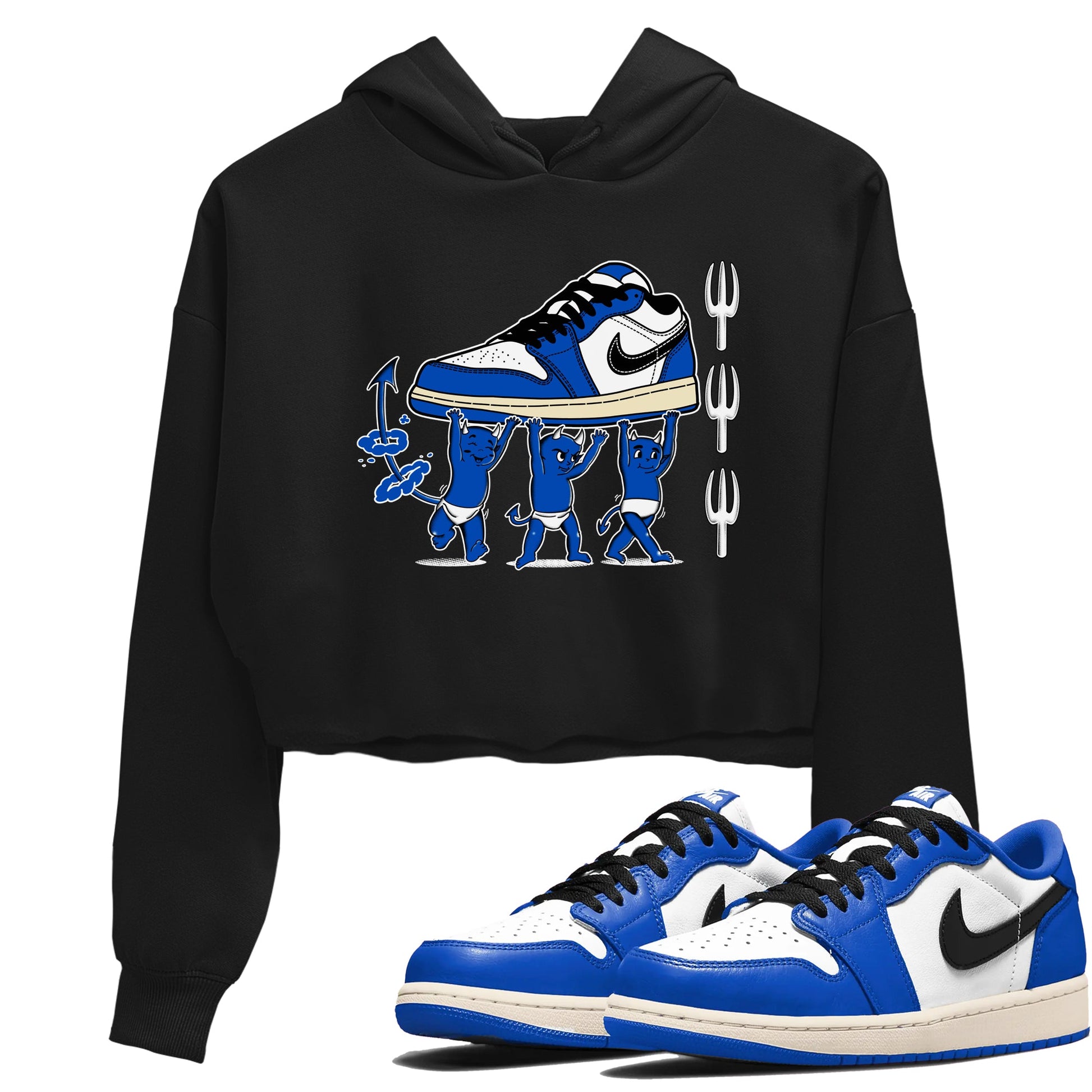 1s Game Royal shirts to match jordans Devil Babies sneaker match tees Air Jordan 1 Retro Low OG Game Royal match shoes to clothes SNRT Sneaker Tees unisex cotton Black 1 crop tee