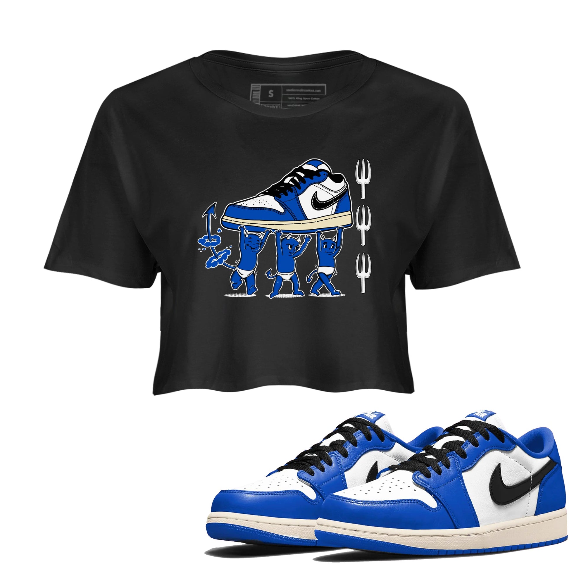 1s Game Royal shirts to match jordans Devil Babies sneaker match tees Air Jordan 1 Retro Low OG Game Royal match shoes to clothes SNRT Sneaker Tees unisex cotton Black 1 crop tee